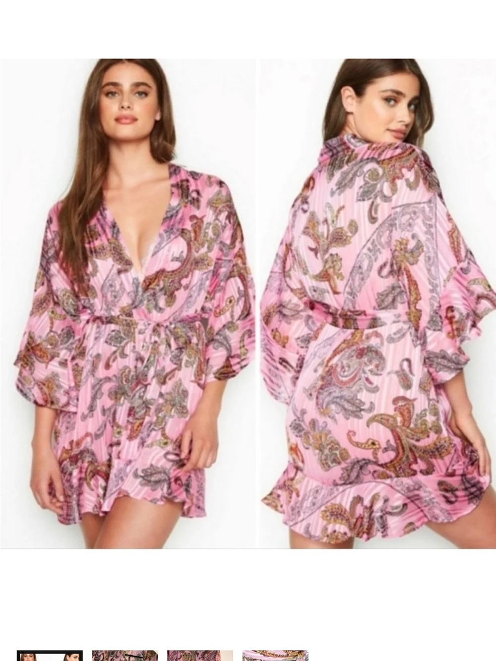 Victoria’s Secret  Paisley Satin Short Robe in Pink with Waist Tie Size XS